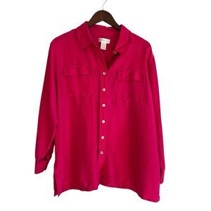 Worthington Womens Hot Pink Button Down Silk Top Size 1X Office Career Colorful